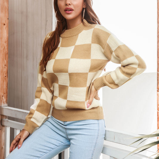 Long Sleeve Plaid Round Neck Sweater Wholesale Clothing SS070034