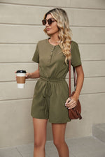 Solid Color Loose Short Sleeve Tie Pocket Rompers Wholesale Jumpsuits