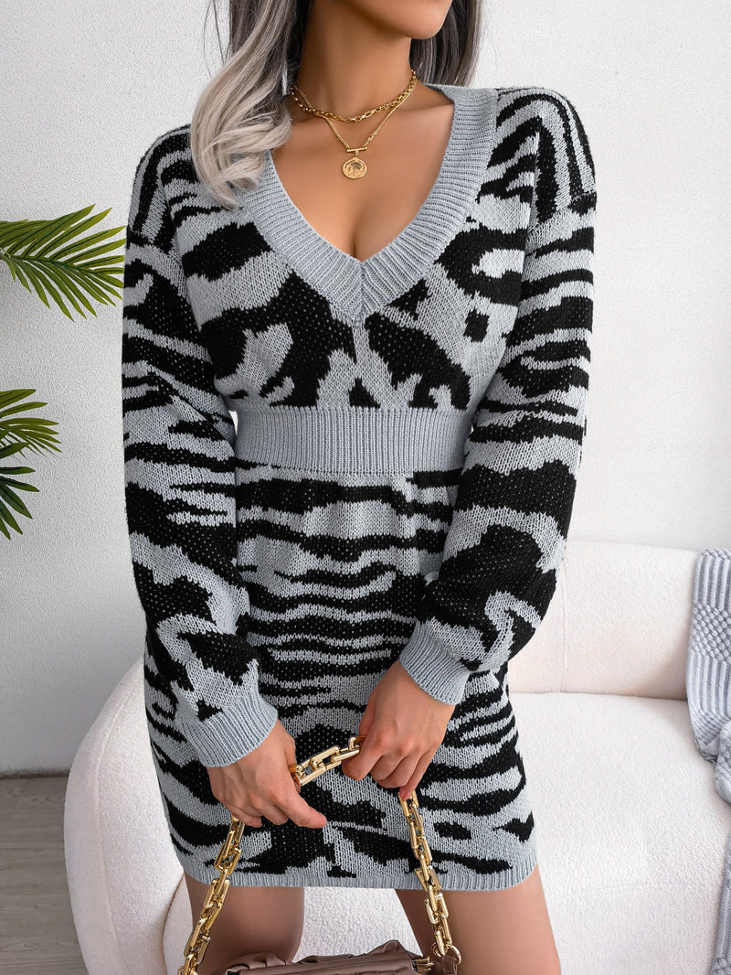 Fashion Tiger Print Lantern Sleeve Sweater Dress Wholesale Jersey Dresses