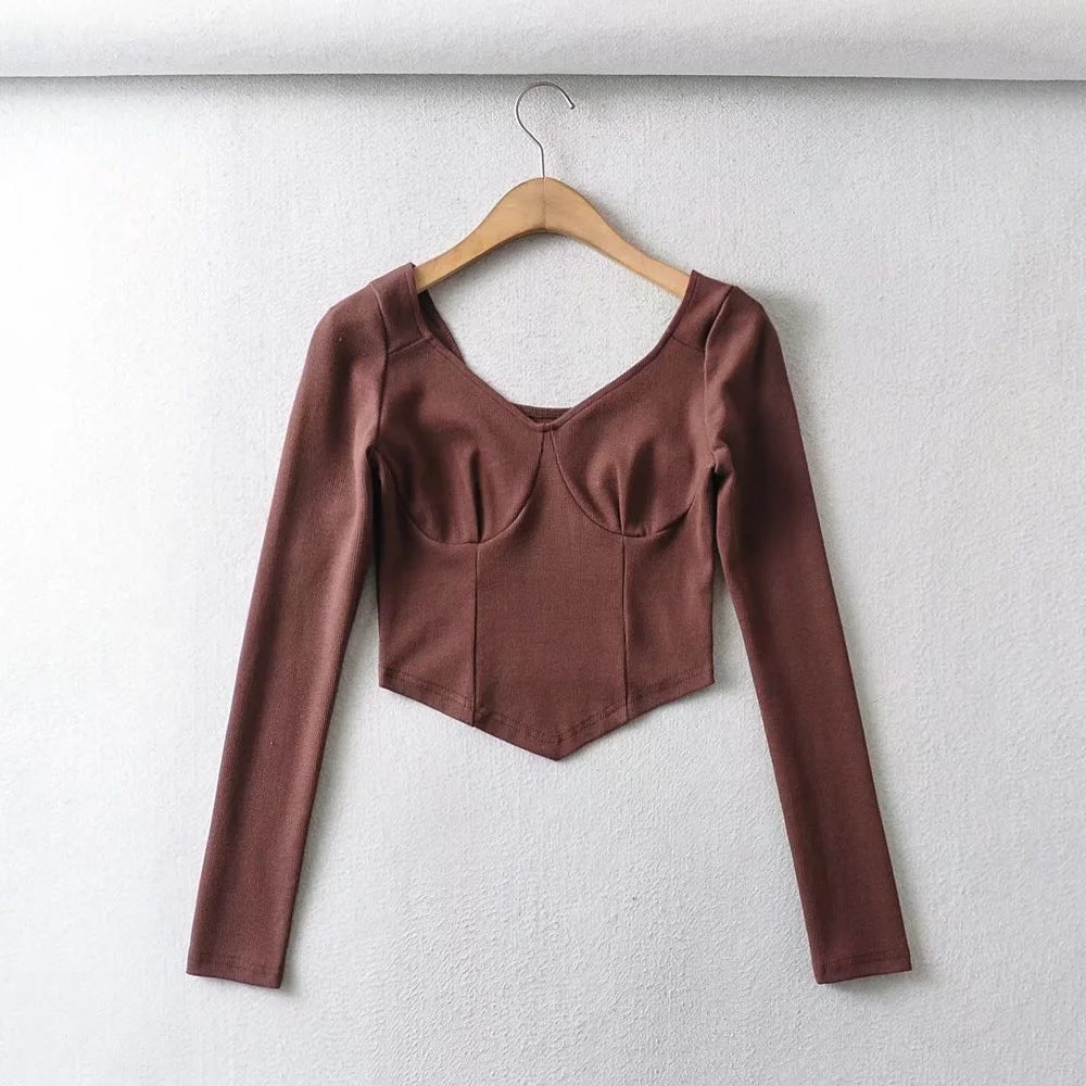 Square Neckline Low Cut Long Sleeves Triangular Hem Slim Fit Crop Top Wholesale Women Top