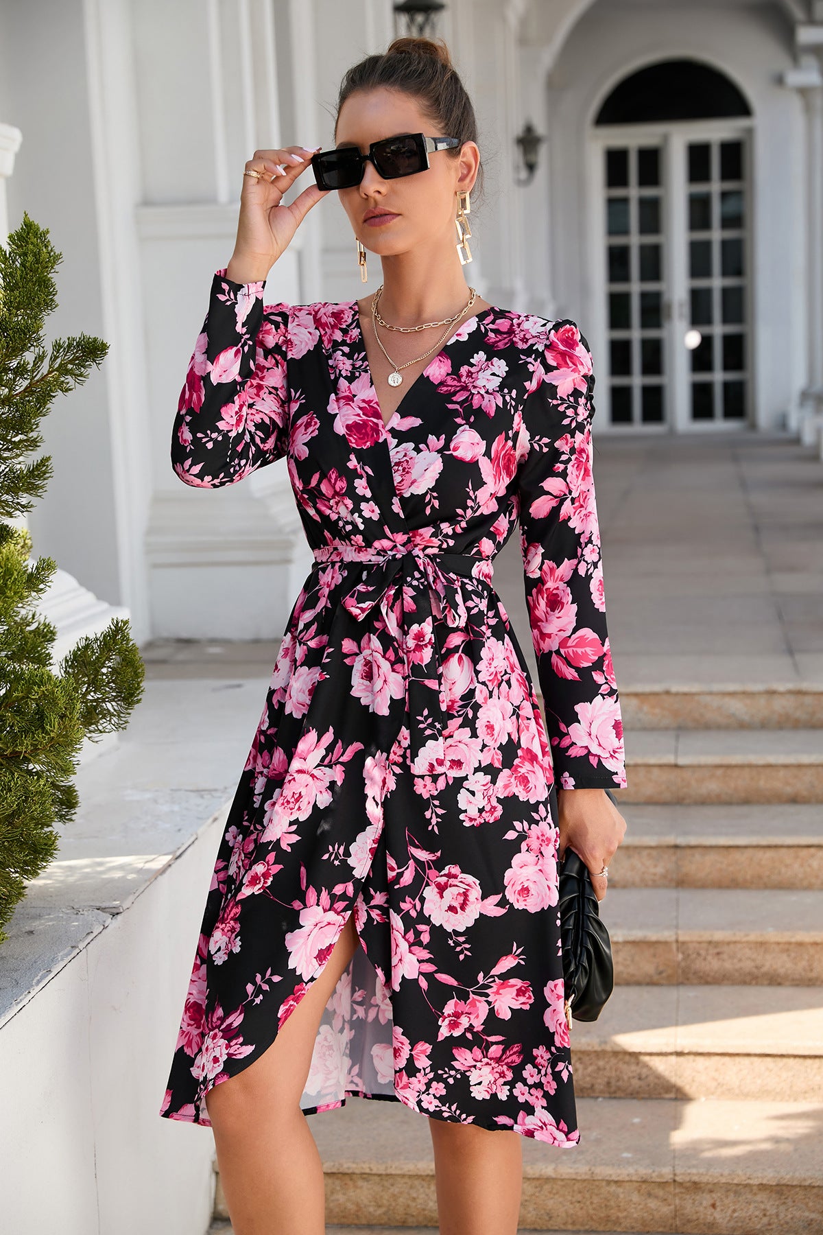 Printed Waist V-Neck Slit Long-Sleeved Floral Dress Wholesale Dresses