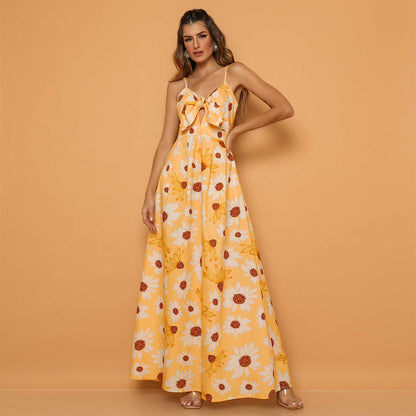 Floral Print Sleeve Spaghetti Strap Wholesale Maxi Dresses