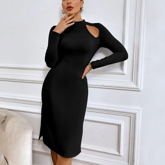 Slit Hollow Commuting Temperament Fashion Long-Sleeved Dress Wholesale Dresses