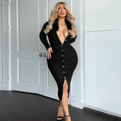 Bodycon Fur Collar Breasted Pit Strip Long-Sleeved Solid Color Dress Wholesale Dresses