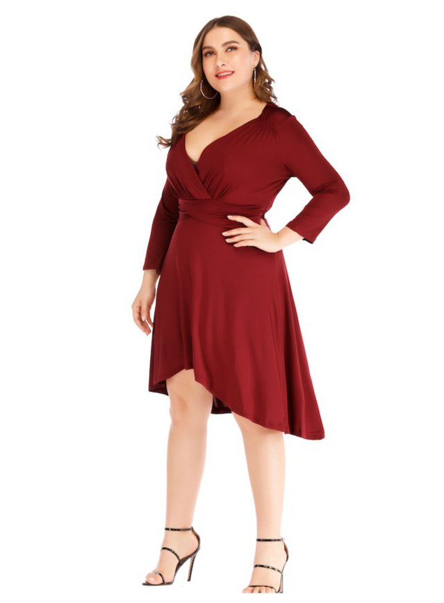 V-Neck Long Sleeve Waist Ruched Curvy Dresses Wholesale Plus Size Clothing