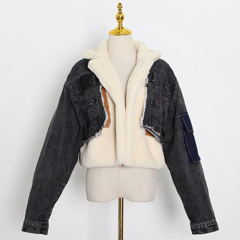 Thick Pluffy Patchwork Denim Wholesale Women Coat