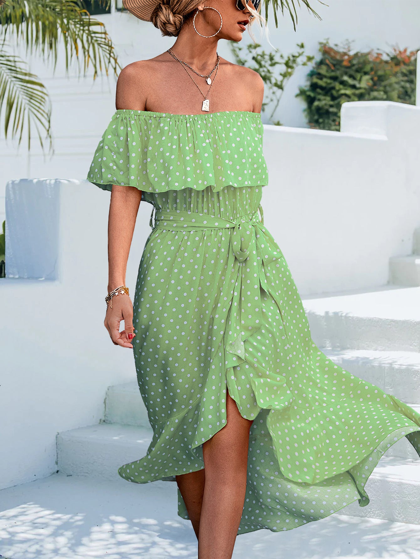 One-Shoulder Irregular Polka-Dot Ruffled Dress Wholesale Dresses