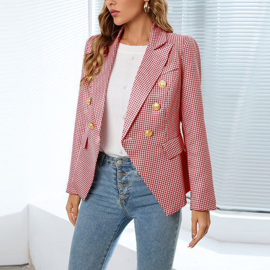 Fashion Plaid Lapel Short Jacket Women Blazer Wholesale Coats