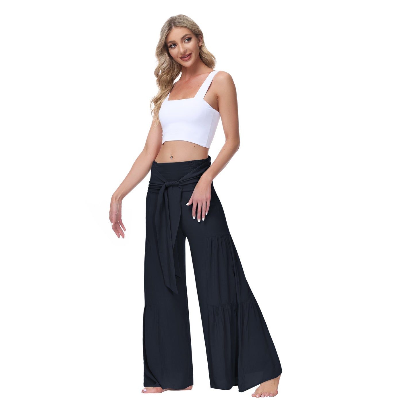 Solid Color Tie Waisted Wide Leg Palazzo Wholesale Pants