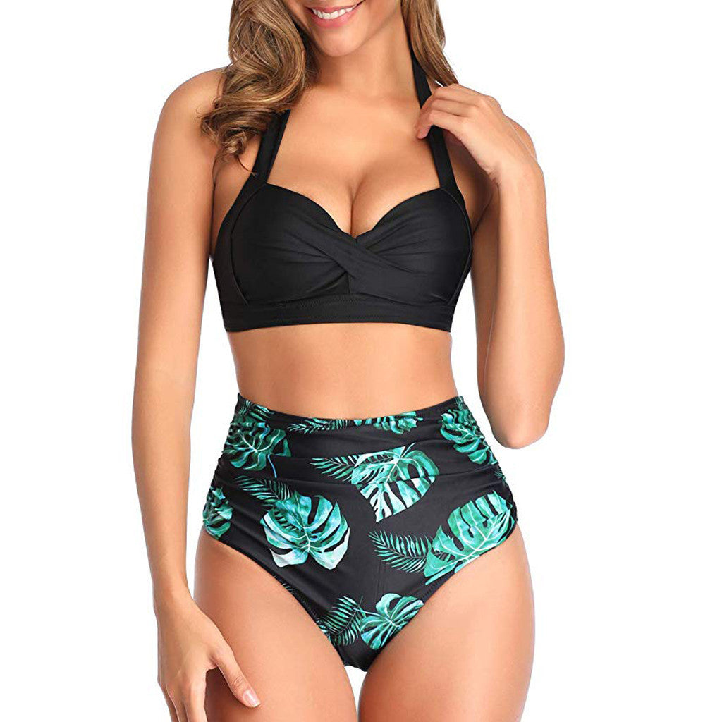 Split Bikini Print High Waist Nylon Swimsuit Wholesale