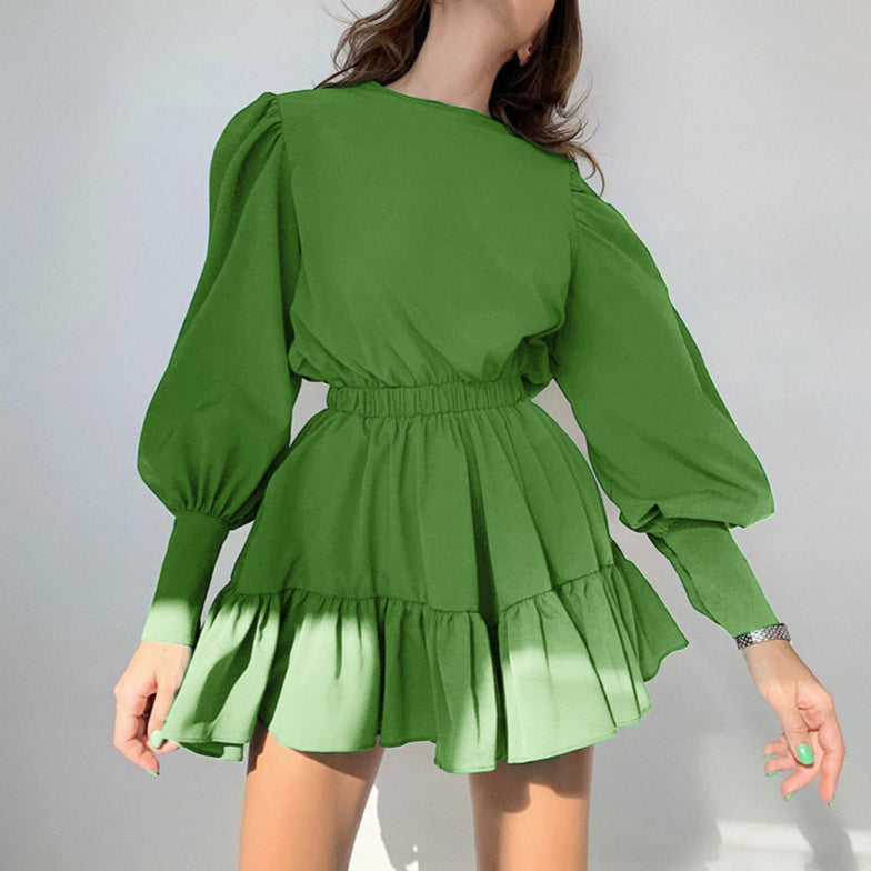 Long-Sleeve High-Waist Pleated Swing Ruffled Dress Wholesale Dresses