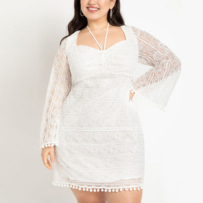 Sexy U-Neck Lace Mini Dress Long Sleeve Loose Dresses Wholesale Plus Size Clothing