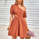 One Shoulder Hollow Waist Solid Color Puff Sleeve Resort Dress Wholesale Dresses