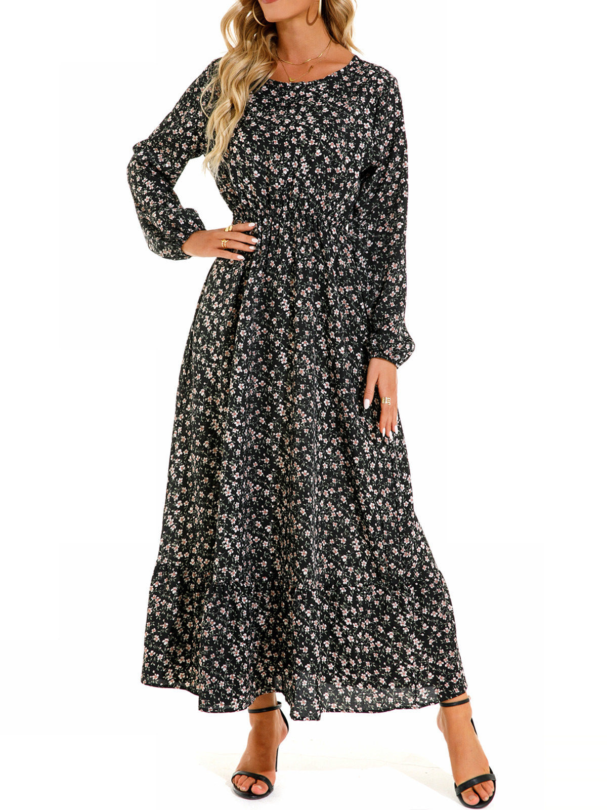 Fashion Print Chiffon High Waist Dress Casual Long Sleeve Round Neck A-Line Wholesale Dresses