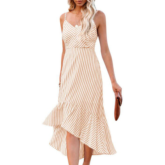 Women Fashion Sleeveless Striped Print Hollow Out Irregular Hem Wholesale Swing Dresses Summer