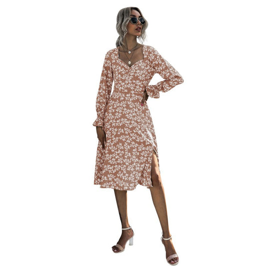 Floral Print Puff Long Sleeve V Neck Wholesale Swing Dresses