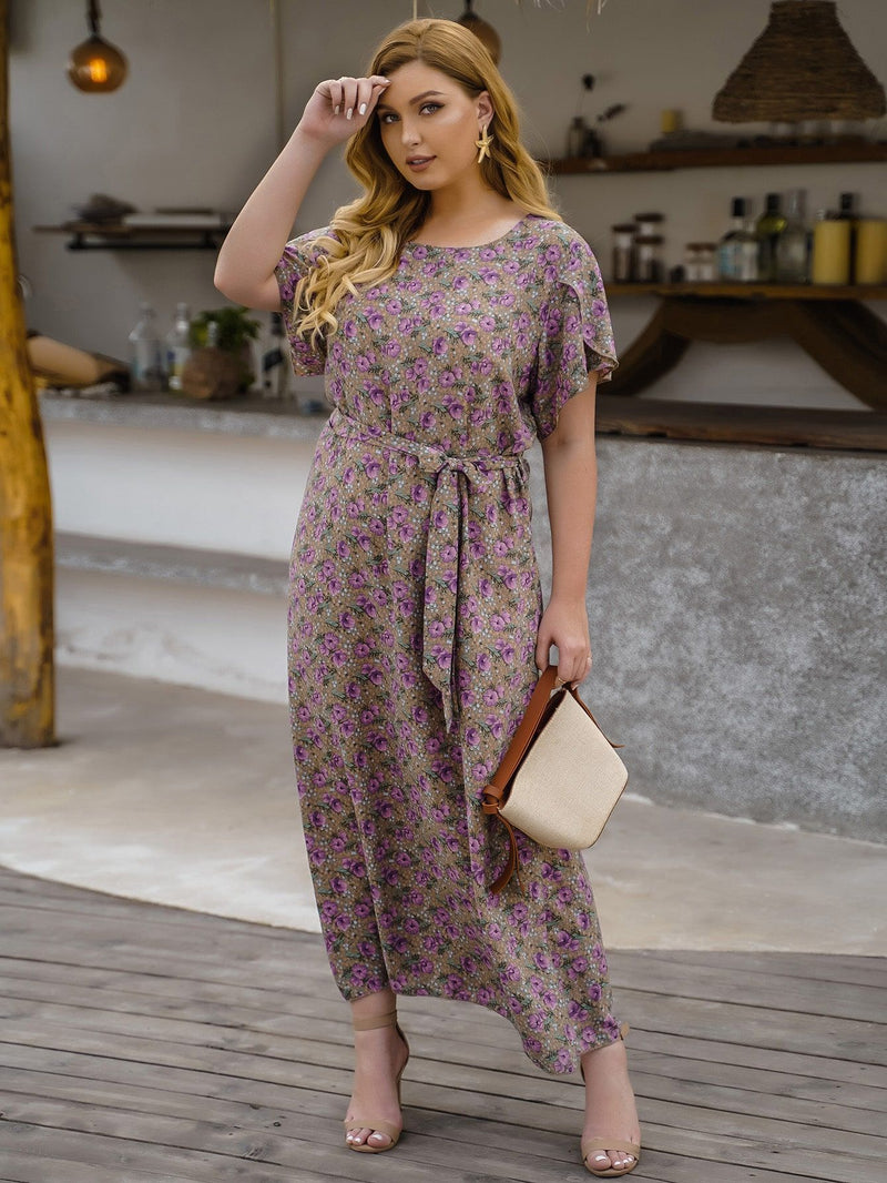 Casual Floral Midi Dress Lace-Up Short Sleeve Dresses Wholesale Plus Size Clothing