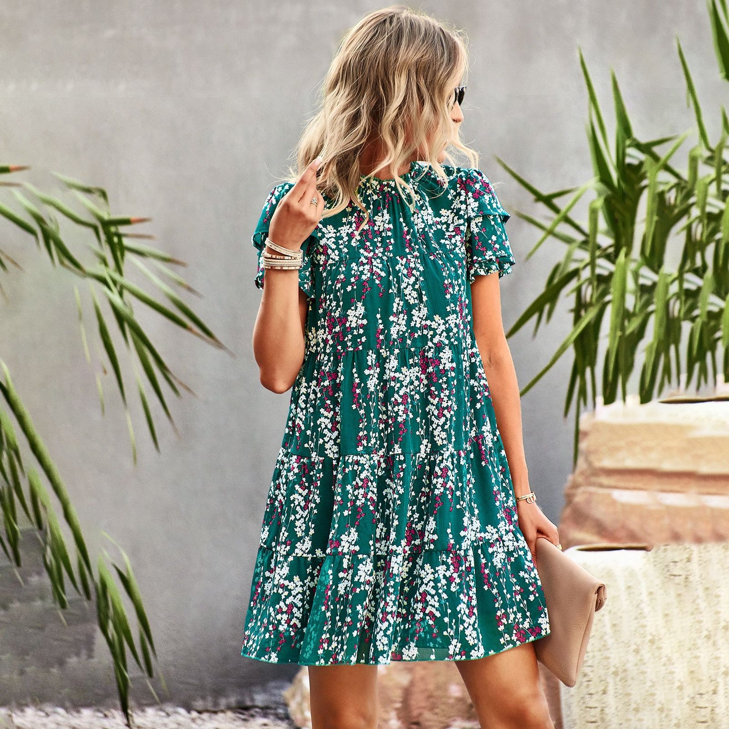 Round Neck Ruffled Sleeve A-Line Floral Loose Dress Wholesale Dresses