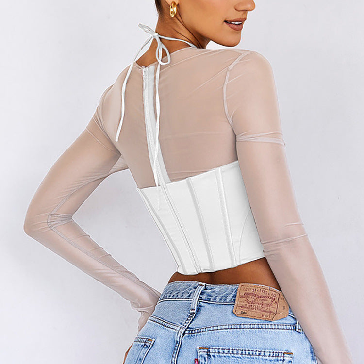 Sexy Fishbone Hollow Perspective Mesh Satin Mosaic Cropped Top Wholesale Women Top