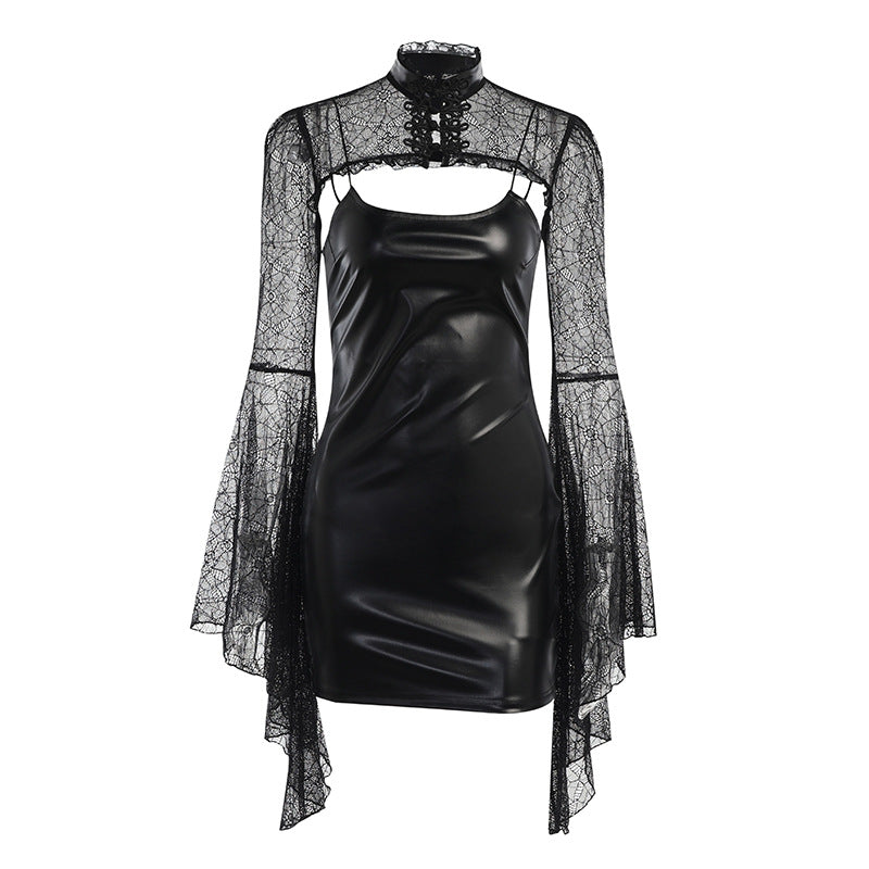 Sexy Dark Style Halloween Blouse & PU Dress Wholesale Women'S 2 Piece Sets