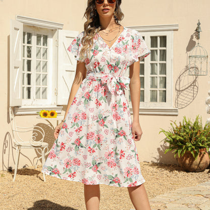 V Neck Short Sleeve Tie-Up Waist Casual Floral Dress Wholesale Dresses