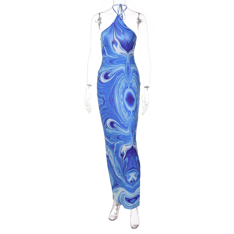 Halterneck Sexy Backless Summer Printed Bodycon Dress Wholesale Maxi Dresses