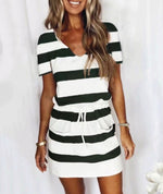 Striped V-Neck Drawstring Short Sleeve Casual Dresses Summer T Shirt Dress Wholesale
