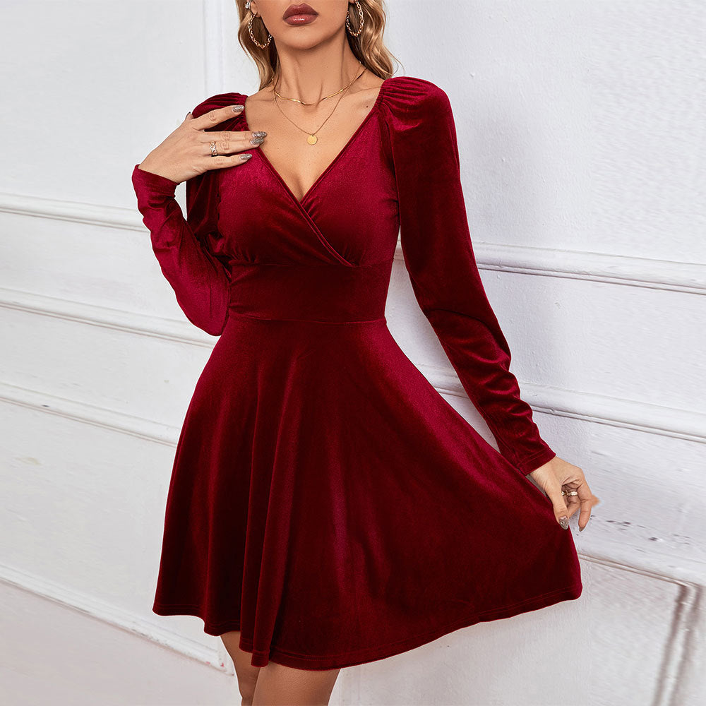 V-Neck Waist A-Line Sexy Velvet Dress Wholesale Dresses