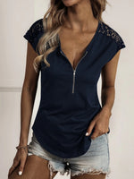 Crew Neck Solid Color Half Zip Lace Loose Short Sleeve Women'S Tops Casual Wholesale T Shirts ST531071