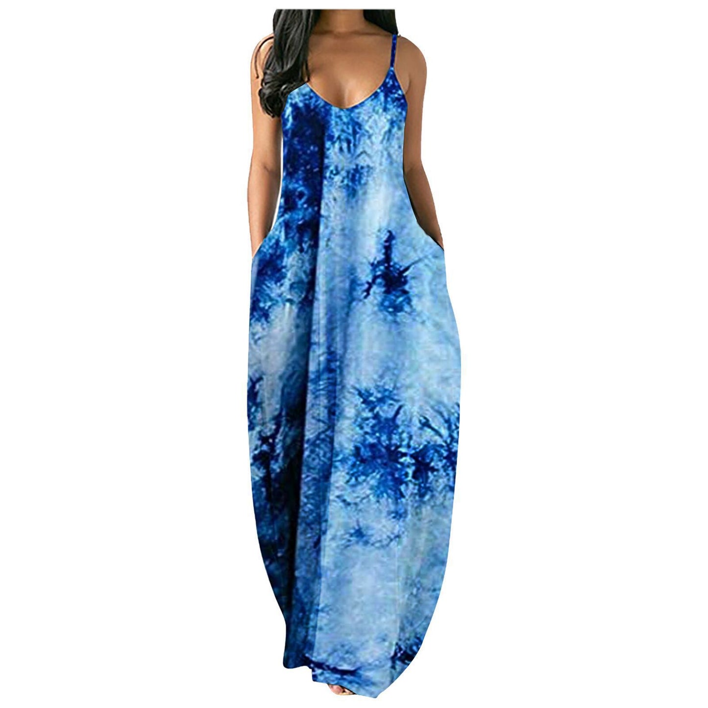 Tie Dye Print Loose U Neck Sling Dress Wholesale Maxi Dresses