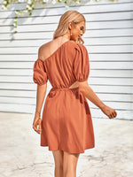 One Shoulder Hollow Waist Solid Color Puff Sleeve Resort Dress Wholesale Dresses