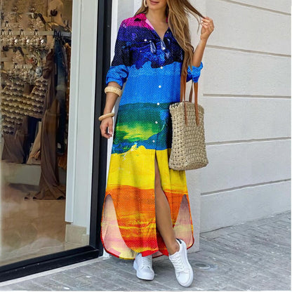 Long Sleeve Fashion Printed Shirtdress Slit T Shirt Maxi Dress Wholesale Casual Dresses