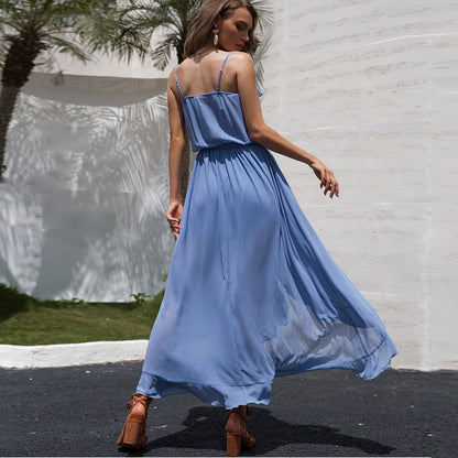 Solid Color V-Neck Ruffled Backless Slit Slip Dress Wholesale Maxi Dresses