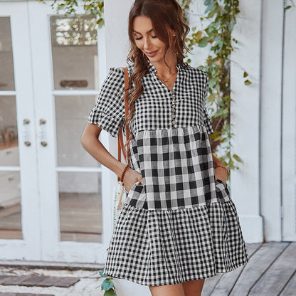 Short Sleeve V Neck Summer Plaid Printed Casual Dress Day Wholesale SD191081