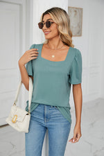 Solid Color Square Collar Short Sleeve Knitted T-Shirt Wholesale Womens Tops