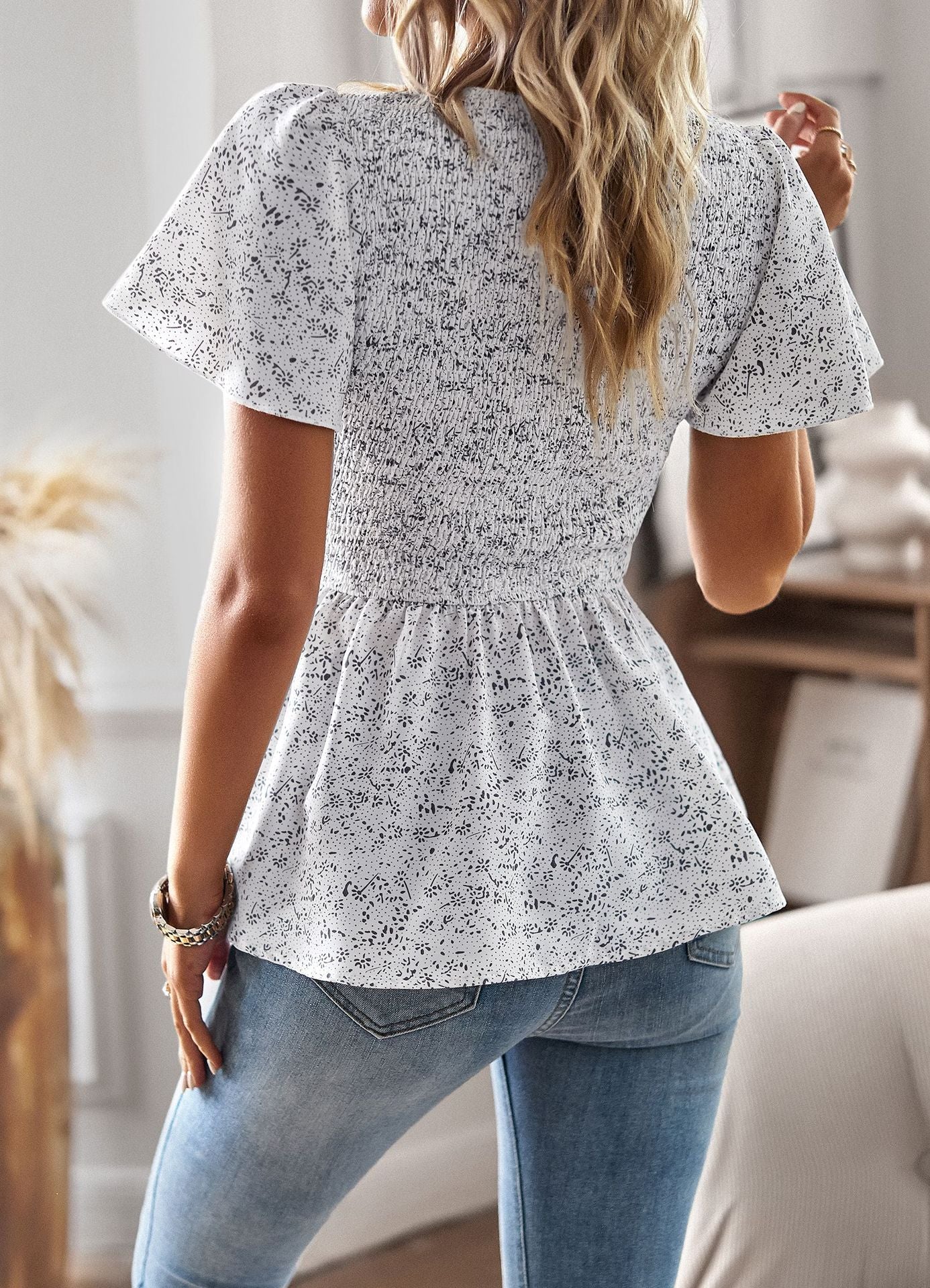 Printed Puff Sleeve Waist Tunic Top Casual T-Shirt Wholesale Womens Tops