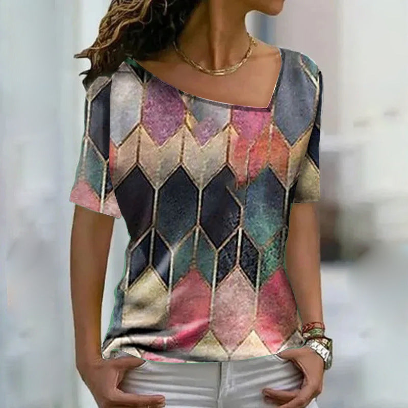 Asymmetrical V-Neck Short Sleeve Colorblock Slim Casual Blouses Wholesale Women Tops