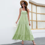 Solid Color Summer Linen Sling Lace-Up Wide Swing Smocked Dress Vacation Wholesale Maxi Dresses