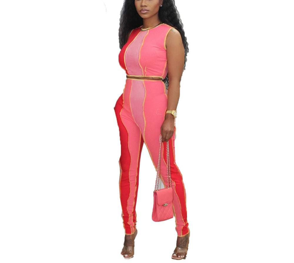 Two Pieces Set Inside-Out Wear Colorblock Stitching Crop Top & Pants Wholesale