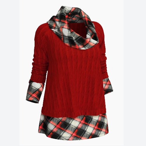 Fashion Pile Collar Plaid Splicing Knit Pullover Loose Long Sleeve Sweater Wholesale