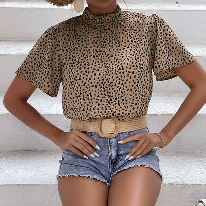 Leopard Print Short Sleeve Turtleneck Wholesale Blouses For Women