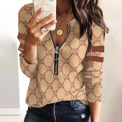 Fashion Printed Zip Design Casual Long Sleeve T Shirts Wholesale Womens Blouses