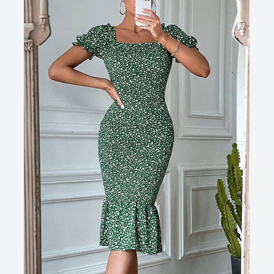 Floral Print Fishtail Ruffle Bodycon Dress Wholesale Dresses