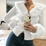 Solid Color Fur Collar Long Sleeve Single Breasted Knit Jacket Wholesale Coats