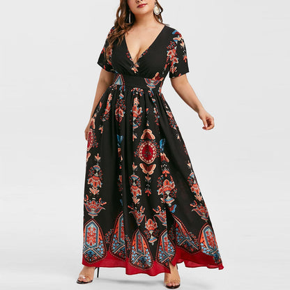 Printed Women Curvy Slit Maxi Dresses Wholesale Plus Size Clothing