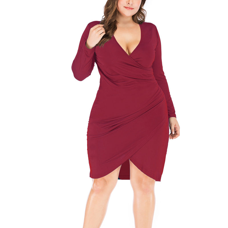 V-Neck Long-Sleeve Slim Fit Hip Curvy Dresses Wholesale Plus Size Clothing