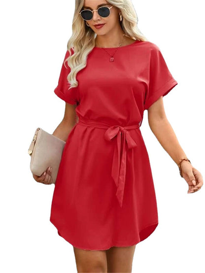 Summer Loose Solid Color Lace-Up Short Sleeve Midi Dresses Business Casual T Shirt Dress Wholesale SD531307