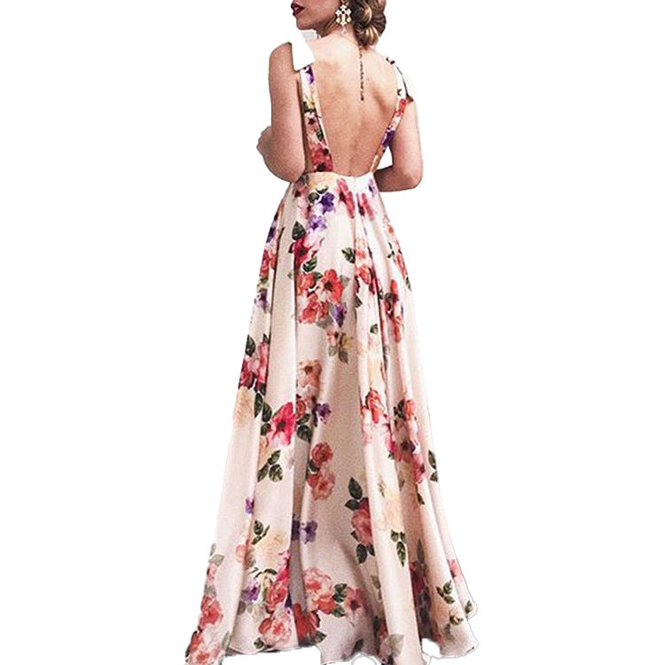 Floral Print Leaky Back Plunge Neck Large Swing Dress Sling Wholesale Maxi Dresses