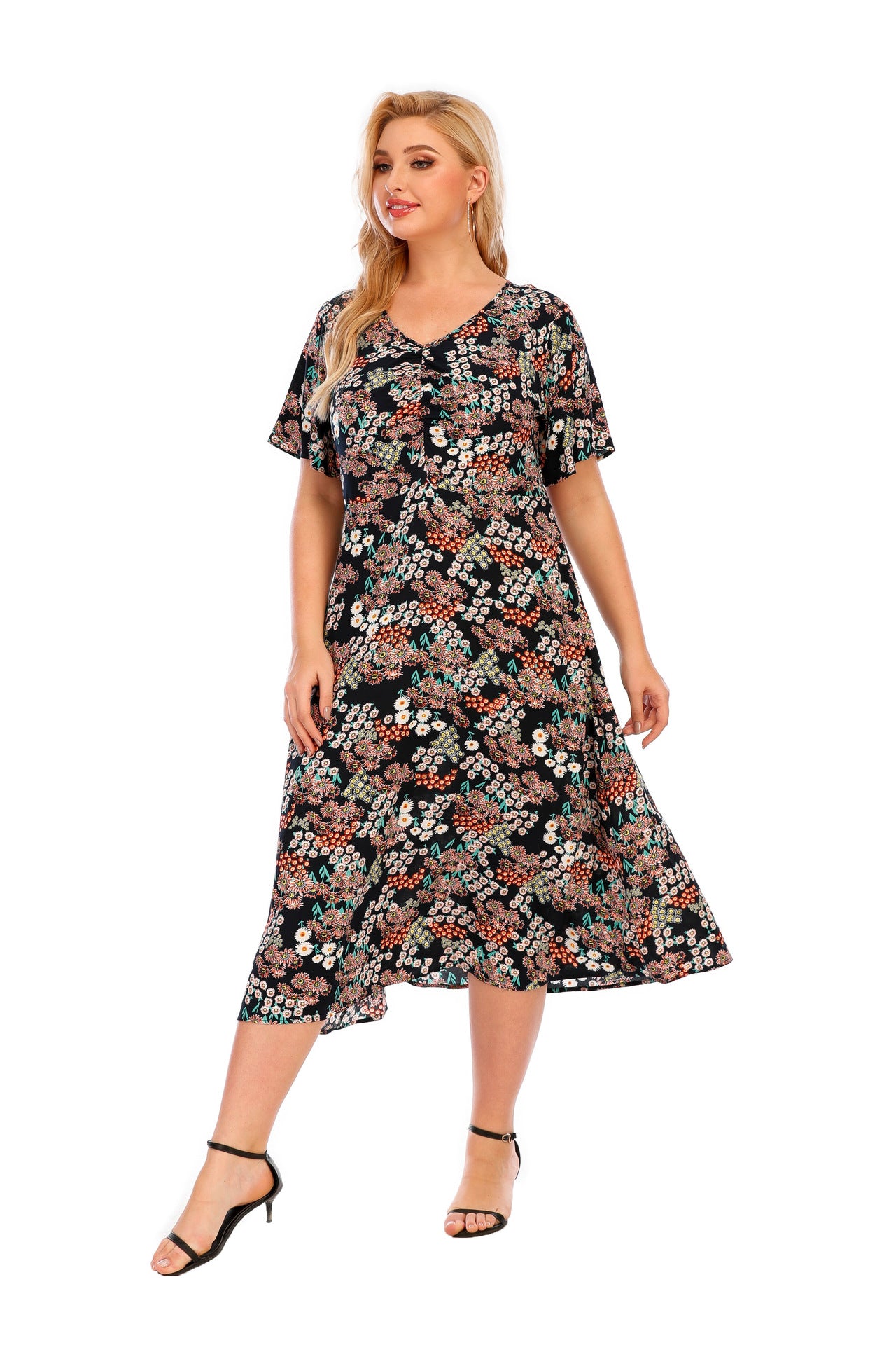 Short Flare Sleeve Casual Printed Midi Curve Dresses Summer Fashion Wholesale Plus Size Clothing