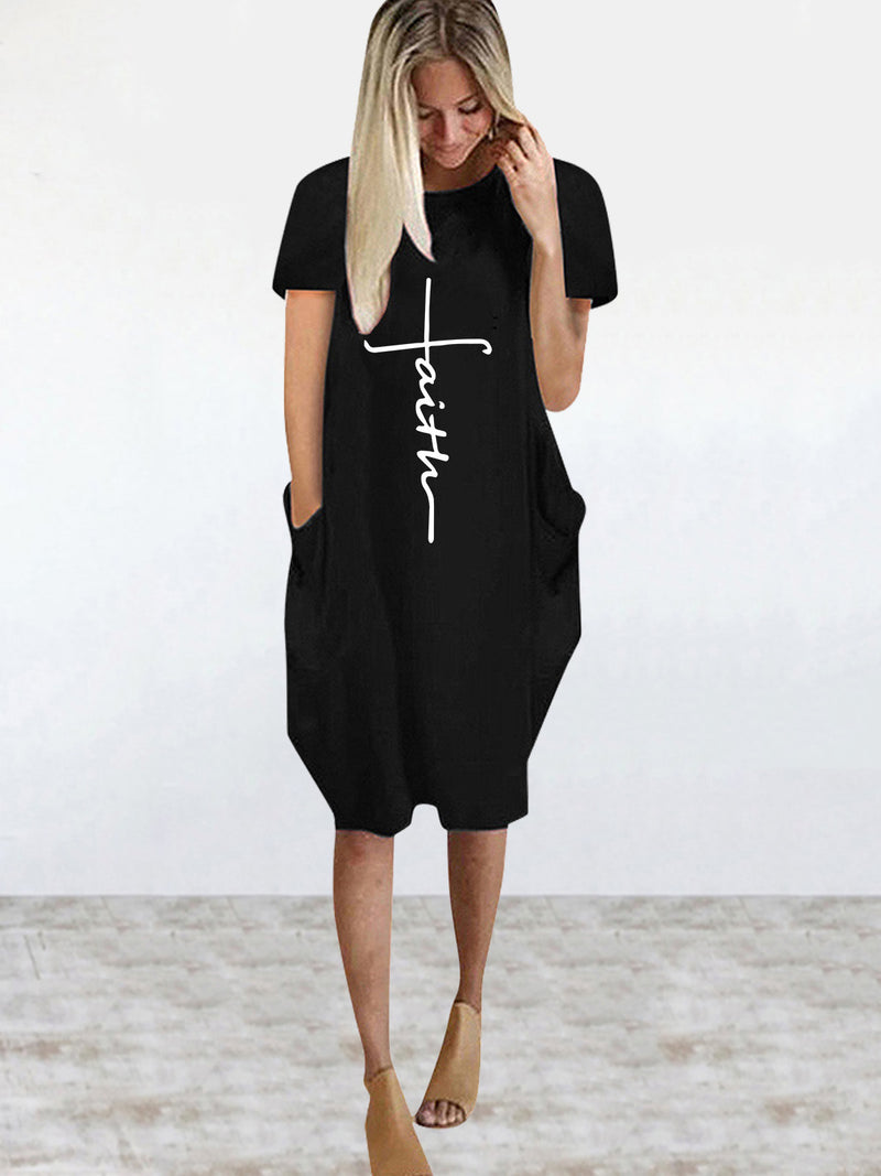 Print Short Sleeve Round Neck Midi Casual Loose T Shirt Dress Wholesale